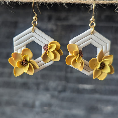 Yellow Floral Geometric Earrings